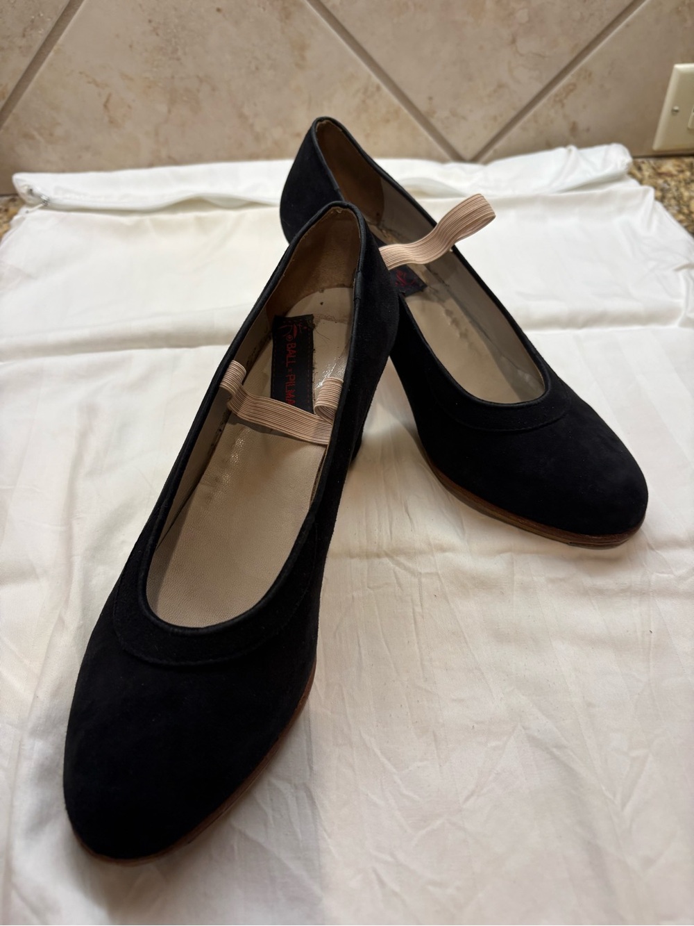 Black Suede Round-Toe Heels with Elastic Strap